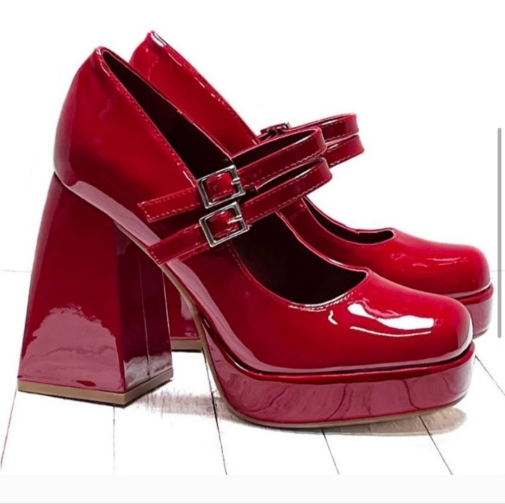 Soda Red Patent Double Strap Heels